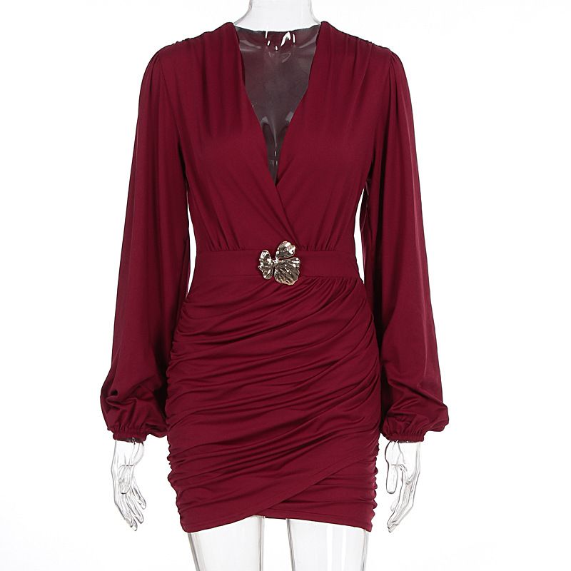 Pleated V Neck Long Sleeve Dress With Metal Accent Belt Fall Autumn Dress For Women_ecoleips.com