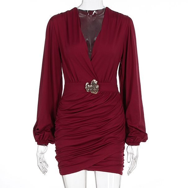 Pleated V Neck Long Sleeve Dress With Metal Accent Belt Fall Autumn Dress For Women_ecoleips.com