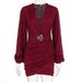 Pleated V Neck Long Sleeve Dress With Metal Accent Belt Fall Autumn Dress For Women_ecoleips.com