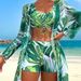 Women's Three Piece Swimsuit Set Printed Drawstring Top Long Sleeve Mesh Cover Up Boxer Briefs Fashionable Regular Fit Nylon Polyester_ecoleips.com