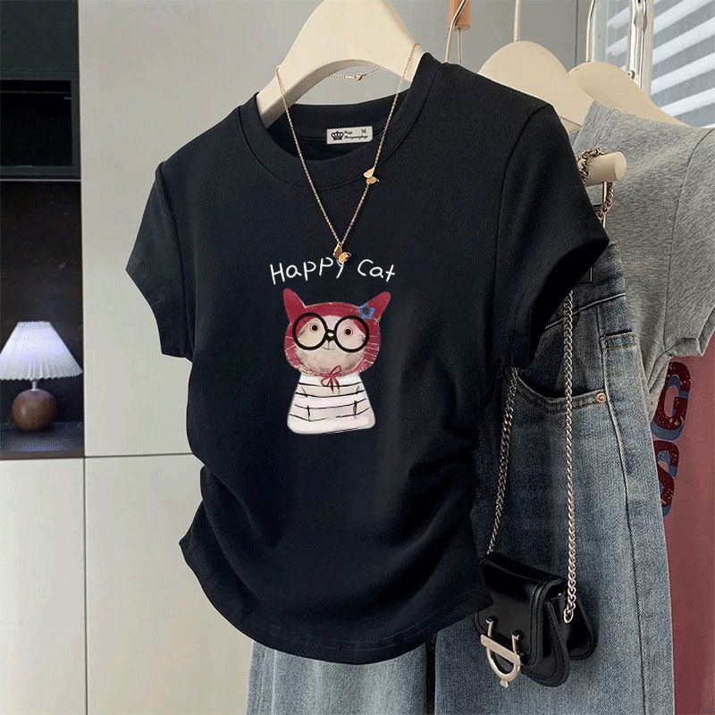 American Retro Hot Girl Short T-Shirt for Women Slim Fit round Neck Summer Design Versatile Short Sleeved Top_ecoleips.com