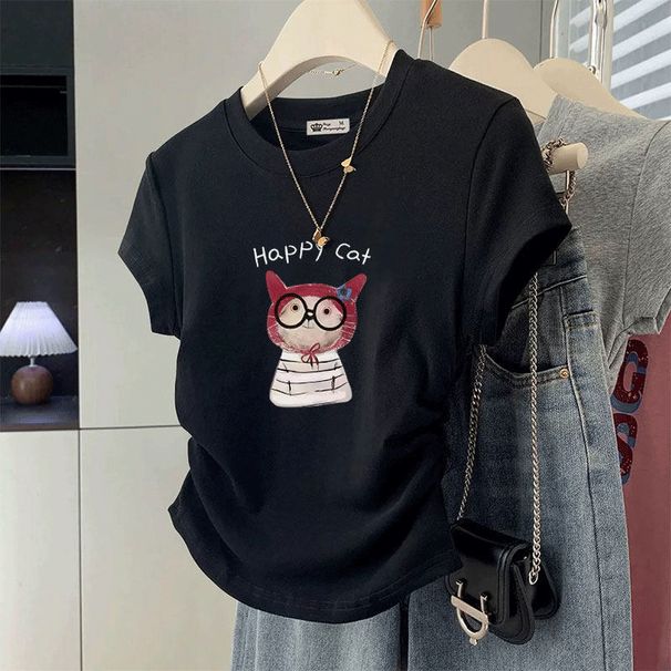 American Retro Hot Girl Short T-Shirt for Women Slim Fit round Neck Summer Design Versatile Short Sleeved Top_ecoleips.com