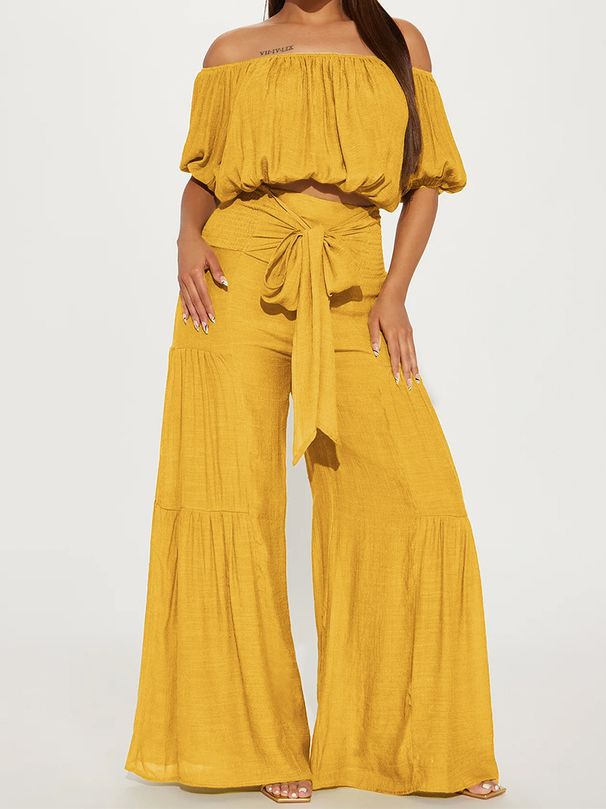 Women's Clothing Spring Women's Elastic Flat Shoulder Short Puff Sleeve High Waist Lace Up Loose Wide Leg Trousers Set_ecoleips.com