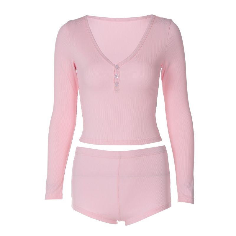 Women's Sexy Low Cut V-Neck Long Sleeve Top And Sporty Shorts Two Piece Set American Style Tight Fitting_ecoleips.com