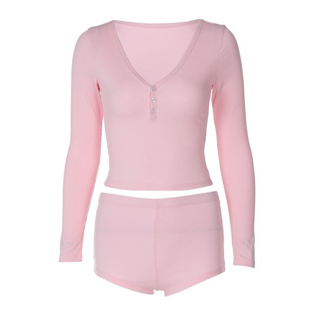 Women's Sexy Low Cut V-Neck Long Sleeve Top And Sporty Shorts Two Piece Set American Style Tight Fitting_ecoleips.com