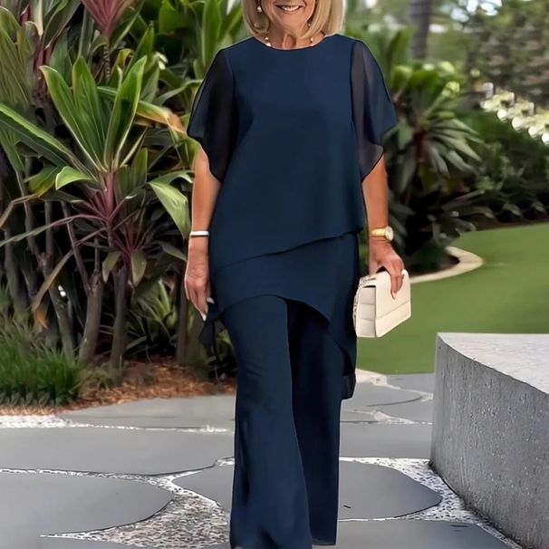Women's Clothing Temperament Elegant Loose Irregular Round Neck Chiffon Top Set_ecoleips.com