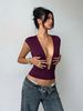 European And American Style Deep V-neck Metal Ring Decoration Waist Slim Spice Girl Exposed Navel Short Top_ecoleips.com