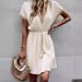 Women's Clothing Solid Color Short Sleeved Lace V Neck Waist Dress_ecoleips.com