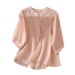 Spring And Summer Versatile T-Shirt, Large-Sized Women's Five-Quarter Sleeve Stand-Up Collar Embroidered Cotton And Line_ecoleips.com
