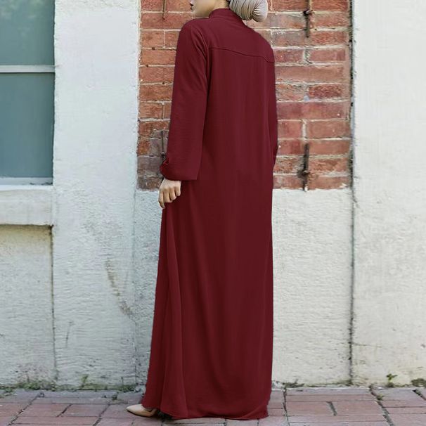 2025 New Muslim Dress Women's Middle Eastern Arabic Style Stand Collar Zipper Cardigan Pocket Temperament Loose Dress_ecoleips.com