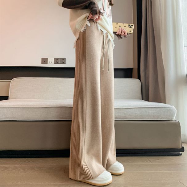 Knitted Wide Leg With A Sense Of Design, Side Pleat Groove Strips, Autumn Winter Thick Hanging Feeling, Loose And_ecoleips.com