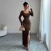 Elegant High-Waisted Split Hem Knit Dress - U-Neck Long Sleeve Slim Fit Stretchy Polyester Blend For Women (Black, Coffee, Army Green)_ecoleips.com