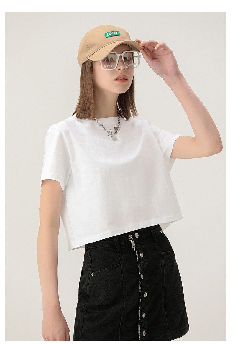 Summer Korean Version Of Open-navel Short-sleeved Women's Models With Pure Cotton T-shirt Short Models_ecoleips.com