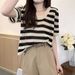 Retro Striped Short Sleeve Knit Top - Breathable Crochet Hollow Out Design Women's Round Neck Blouse In Soft Peach (Xs/S/M/L/Xl)_ecoleips.com