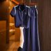 Summer Women's Style Two Piece Set Navy Blue Sports Cardigan And Elastic Waist Casual Pants Short Sleeve_ecoleips.com