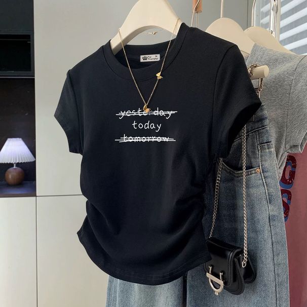 Women's Slimming Crew Neck T-Shirt Korean Style Cartoon Print Ruffled Short Sleeve Summer Top For Instagram_ecoleips.com