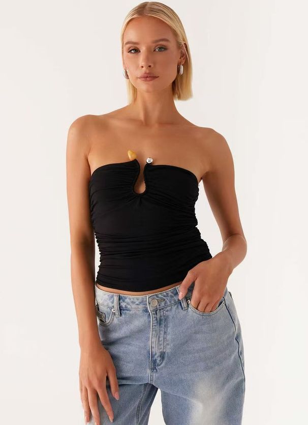 Aria Basics Aria Basics 2025 New European And American Cross-Border Solid Color Sexy Hot Girl Navel-Revealing Off-Shoulder Sleeveless Tube Top_ecoleips.com