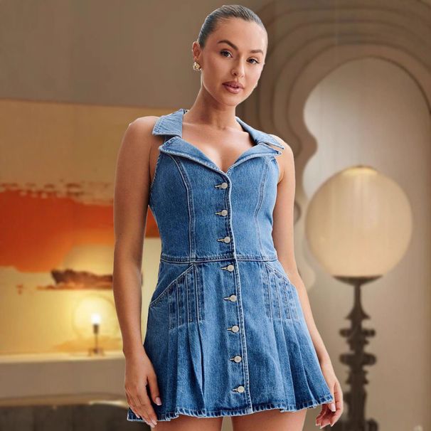 25 European And American Style Sexy Hot Girl Halter Neck A-line Denim Dress, New Cross-border Women's Clothing,_ecoleips.com