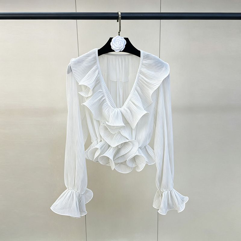 Women's Korean Retro Ruffled V Neck Pleated Chiffon Long Sleeve Shirt Elegant Sophisticated Style Spring 2026_ecoleips.com