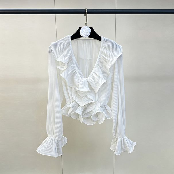 Women's Korean Retro Ruffled V Neck Pleated Chiffon Long Sleeve Shirt Elegant Sophisticated Style Spring 2026_ecoleips.com