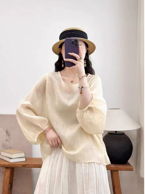 Summer Round-Neck Pullover Loose Thin Cotton And Linen Blouse Versatile, Lantern Sleeve Stylish Casual T-Shirt_ecoleips.com