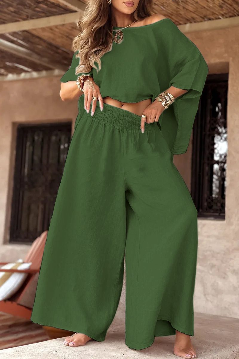 Summer Women's Solid Color Off-Shoulder Loose Fit Pant Set Round Neck Casual Style American Trendy Fashion_ecoleips.com