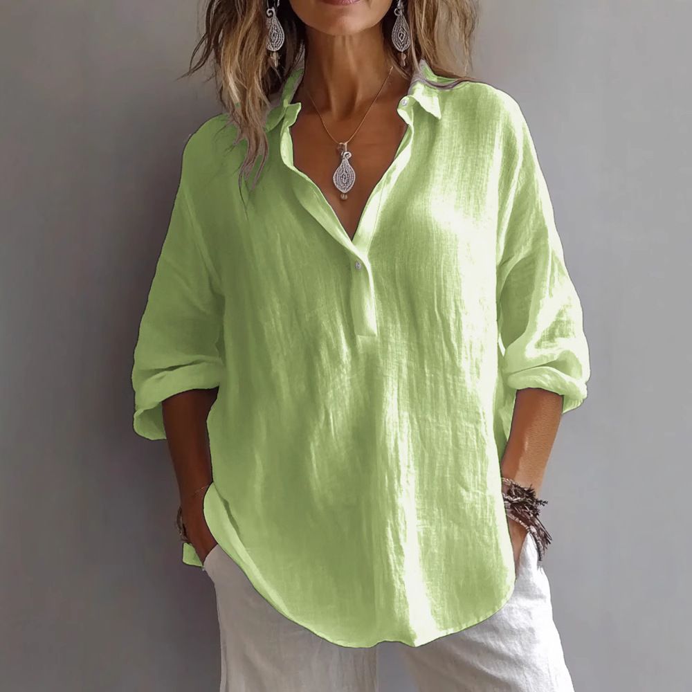Women's Spring/Summer Casual V Neck Shirt Loose Long Sleeved Linen Top European American Style Solid Color Large Stock Available_ecoleips.com