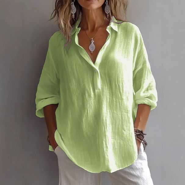 Women's Spring/Summer Casual V Neck Shirt Loose Long Sleeved Linen Top European American Style Solid Color Large Stock Available_ecoleips.com