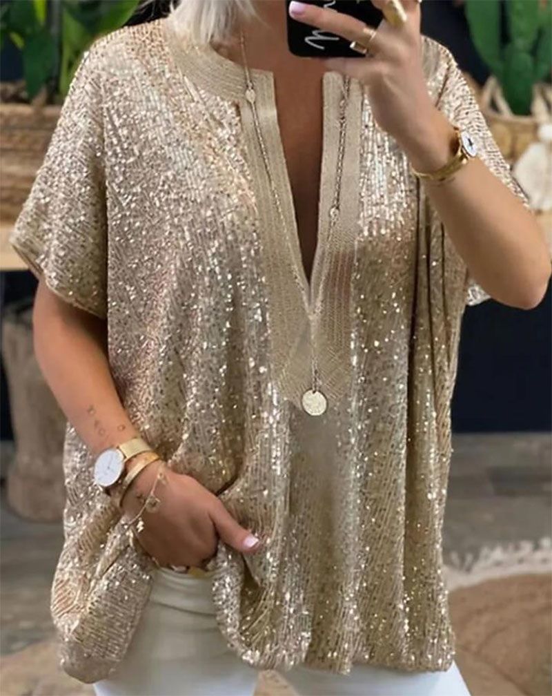 Women's Glitter V-Neck Blouse – Oversized Short-Sleeve Top With Sparkle Details, Elegant & Chic_ecoleips.com
