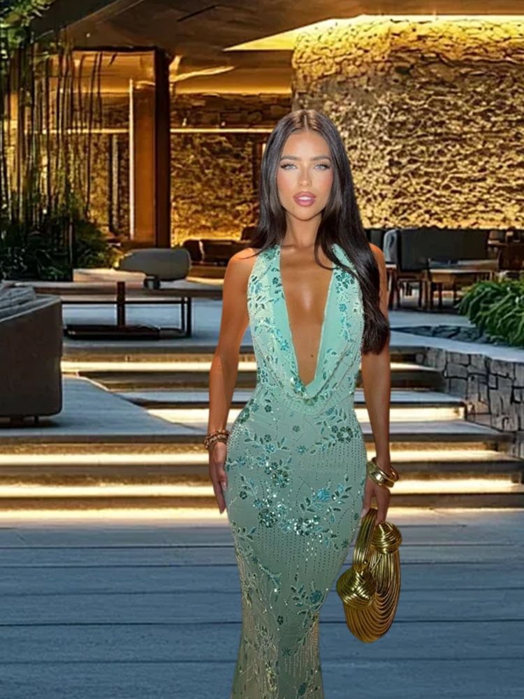 Women's Clothing Sleeveless Halter Neck Dress Sequin Beaded V Neck Open Back Long Dress_ecoleips.com
