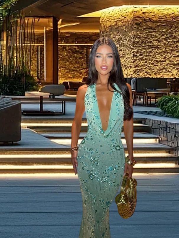 Women's Clothing Sleeveless Halter Neck Dress Sequin Beaded V Neck Open Back Long Dress_ecoleips.com