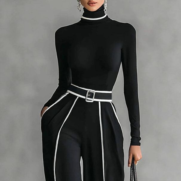 Autumn Winter Two Piece Set Women's Elegant Stand Up Collar Long Sleeve Knit Top Wide Leg Pants Contrast Color Slimming Waist_ecoleips.com