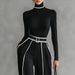 Autumn Winter Two Piece Set Women's Elegant Stand Up Collar Long Sleeve Knit Top Wide Leg Pants Contrast Color Slimming Waist_ecoleips.com