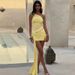2025 Summer New Sexy Mesh Patchwork Sheer Slim Fit Ruched One-Shoulder Ribbon Bodycon Dress_ecoleips.com