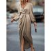 Women's Elegant Neck Pleated Split Puff Sleeve Long Dress Irregular Style For Special Occasions_ecoleips.com