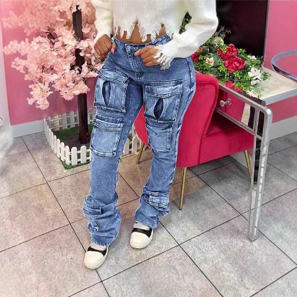 European And American Cross-Border Denim Ins Hot-Selling Elastic Stacked Workwear Women's Flared Pants_ecoleips.com
