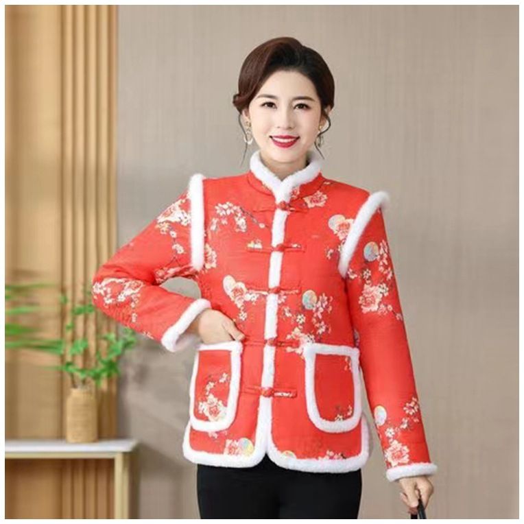 girl Winter 2024 Fleece-Lined Thickened Mom's Chinese Style Jacket New Retro Embroidered Button Coat Cotton Outerwear_ecoleips.com