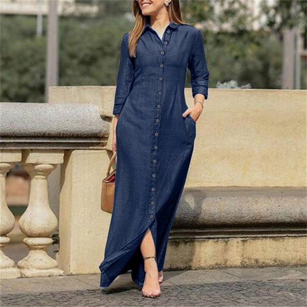 Denim Shirt Collar Dress With Pockets - Casual Flared A-Line Maxi Dress For Women (S-5XL, Dark Blue/Black/Light Blue)_ecoleips.com