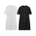 Elegant Knit Short Sleeve Button-Down Dress round Neck A-Line Fit Office Casual Wear Breathable Polyester Blend White Black S M L_ecoleips.com