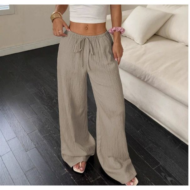 Women's Wide Leg Pants Knotted Waist Slant Pockets Textured Fabric Casual Comfort Fit Bottoms_ecoleips.com
