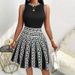 Women's Elegant Knitted Short Skirt With Contrast Color Printing Round Neck A-Line Sleeveless Dress For Commuting_ecoleips.com