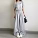 Women's Clothing Summer Lazy Style Solid Color Oblique Collar Pleated Hem Casual Two Piece Suit_ecoleips.com
