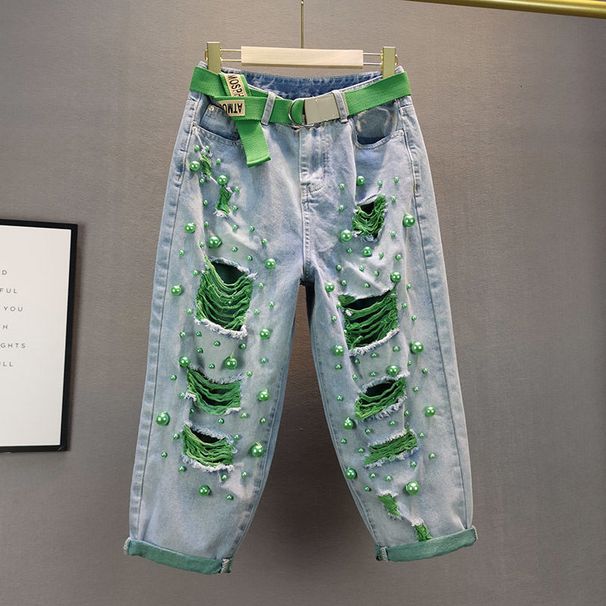 Women's Clothing New Loose High Waist Slimming Heavy Industry Pearl Ripped Beggar Jeans Women's Trendy Pants_ecoleips.com