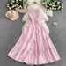 Korean Style Soft Pink Striped Suspender Dress for Women Summer Retro Design Elastic Waist Slimming Full Skirt_ecoleips.com
