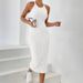Women's Clothing Round Neck Solid Color Dress All Match No Fork Belt Knitted Sweater Backless Dress_ecoleips.com