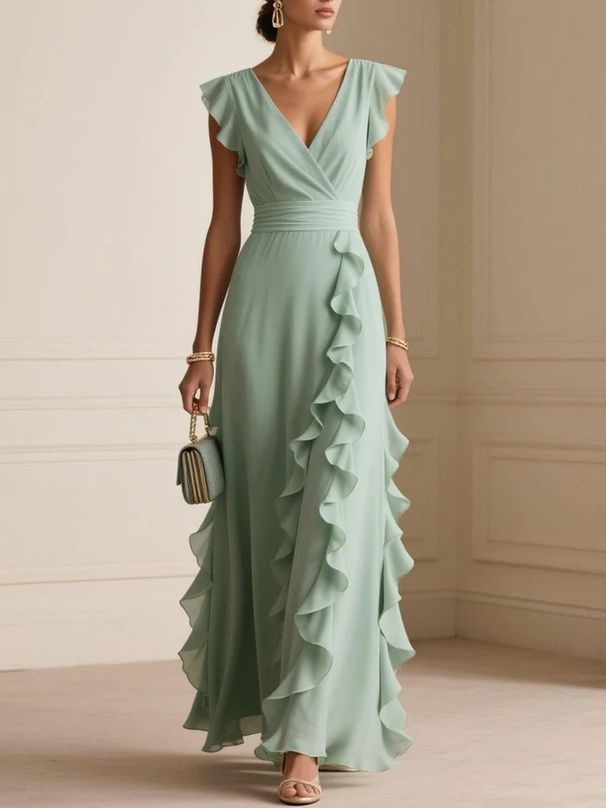 Women's Clothing Style Women's Solid Color Pleated Short Sleeve V Neck Dresses Long Gowns Clothing For Formal & Casual For Women_ecoleips.com