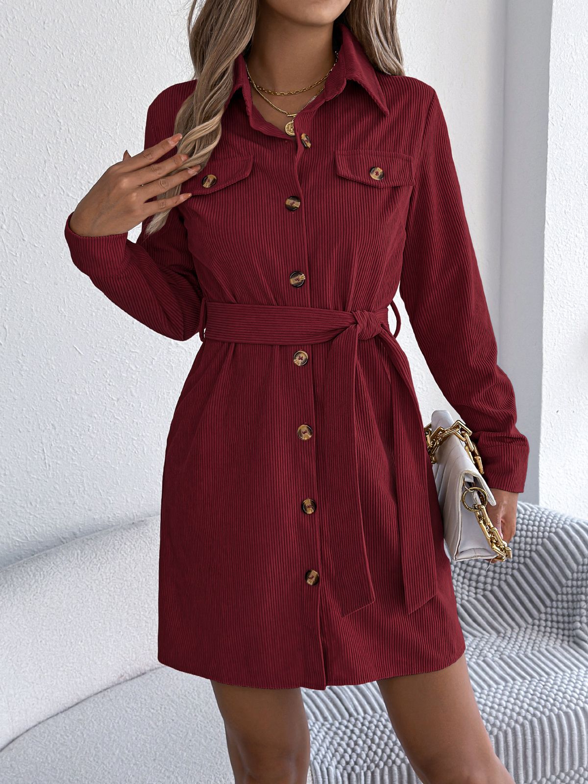 Autumn Winter European American Casual Solid Color Single-Breasted Long Sleeve Lace-Up Corduroy Shirt Dress_ecoleips.com