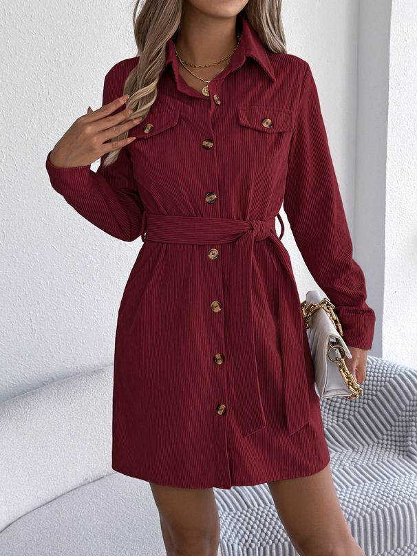 Autumn Winter European American Casual Solid Color Single-Breasted Long Sleeve Lace-Up Corduroy Shirt Dress_ecoleips.com