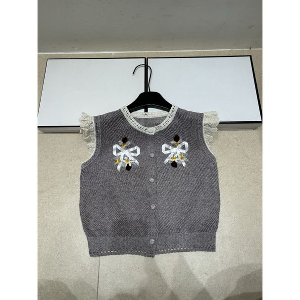 Designer Floral Bow Round-Neck Knitted Cardigan Vest, Brand Logo Light Luxury Casual Simple Versatile Top_ecoleips.com