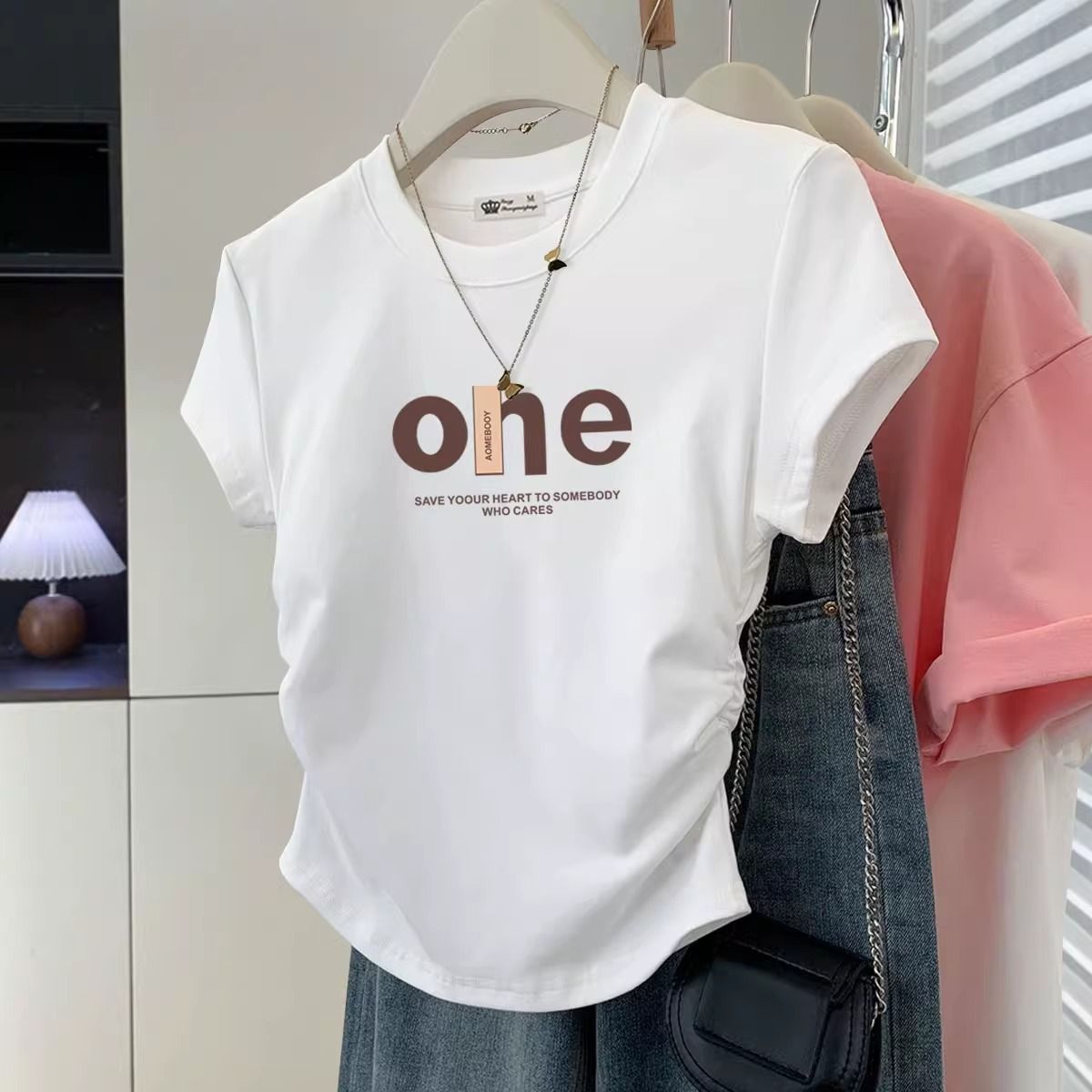 Korean Style Women's round Neck Short Sleeve T-Shirt Slim Fit Curved Hem Irregular Top Base Layer for Summer Alluring Pure_ecoleips.com